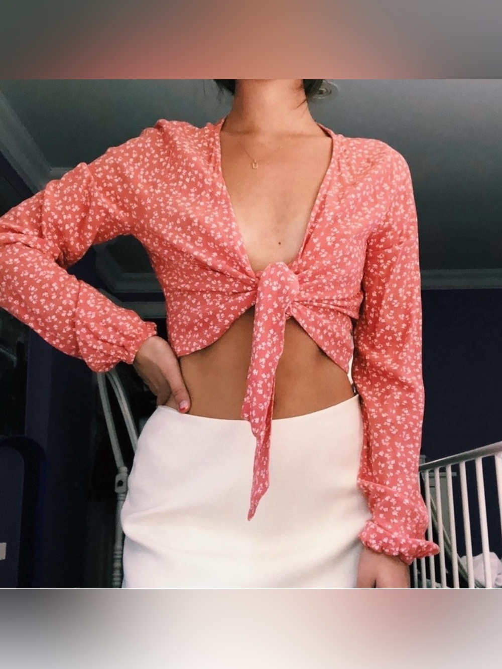 Hollister Floral Tie Front Crop Top Large Y2K Long Sleeve